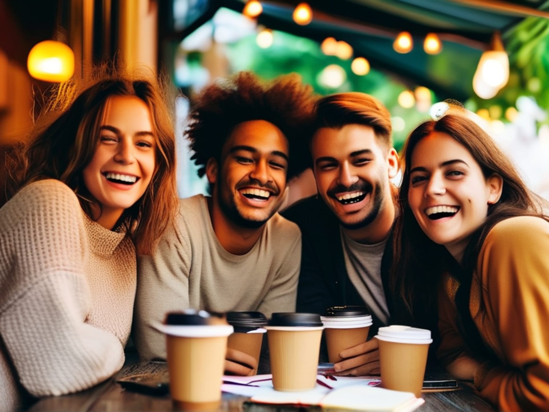 Cinematic shot, low angle, looking up at a group of diverse friends laughing around a sunlit cafe table, notebooks and coffee cups scattered. Lively, authentic, shallow depth of field, warm tones.