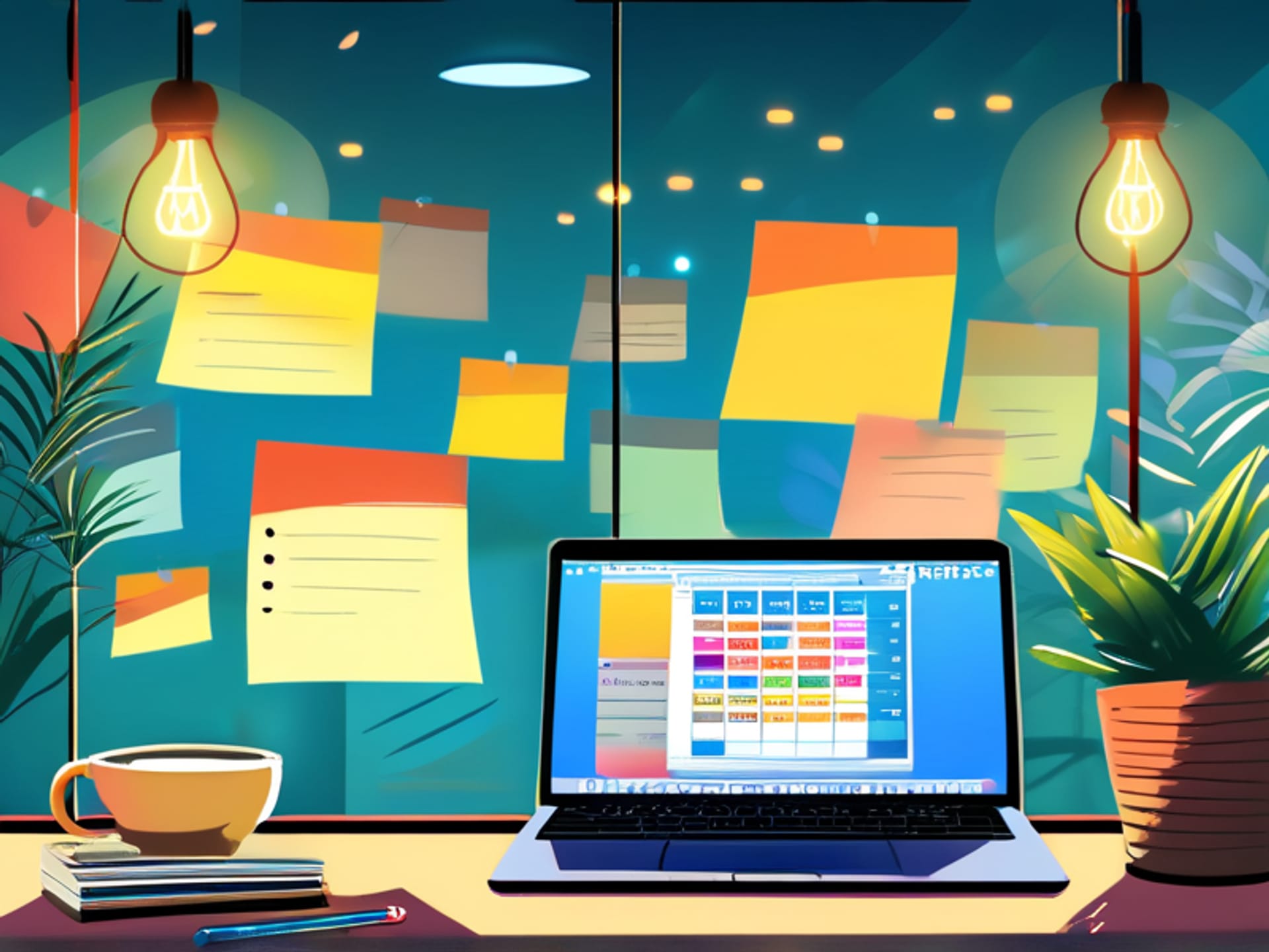 AI Image Prompt: A creative brainstorming session on a glass wall, sticky notes in Spanish with words like 'Campaña,' 'Público Objetivo,' 'Mensaje Clave,' a laptop open to a social media calendar, energetic, vibrant colors, overhead view.