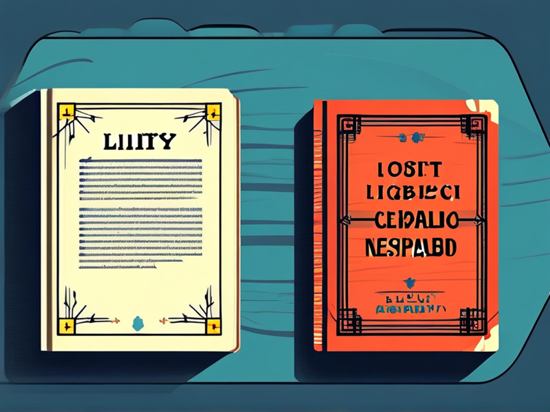Split-screen image. Left side: A detailed, vector-style English law text book, the word 'LIABILITY' in bold with connected lines to 'debt', 'obligation', 'negligence'. Right side: A vintage-style Spanish civil code book, the word 'RESPONSABILIDAD' connected to broader terms like 'duty' and 'accountability'. Illustration style, flat design, clean lines.