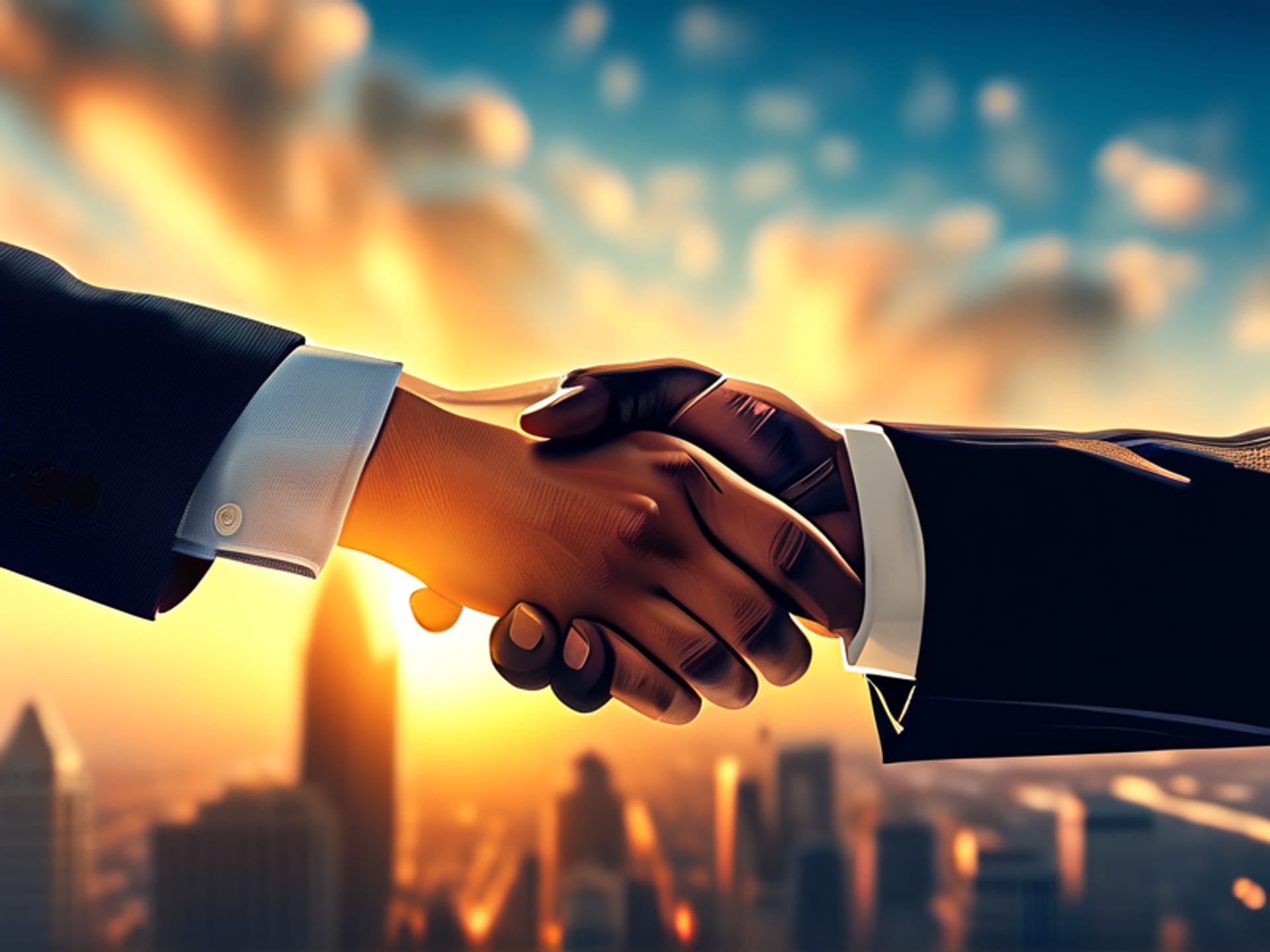 AI Image Prompt: A handshake deal between two smiling, sharply dressed executives against a blurred city skyline. Handshake in sharp focus, golden hour sunlight. Digital art, clean lines, positive and optimistic mood. --ar 16:9 --v 6.0