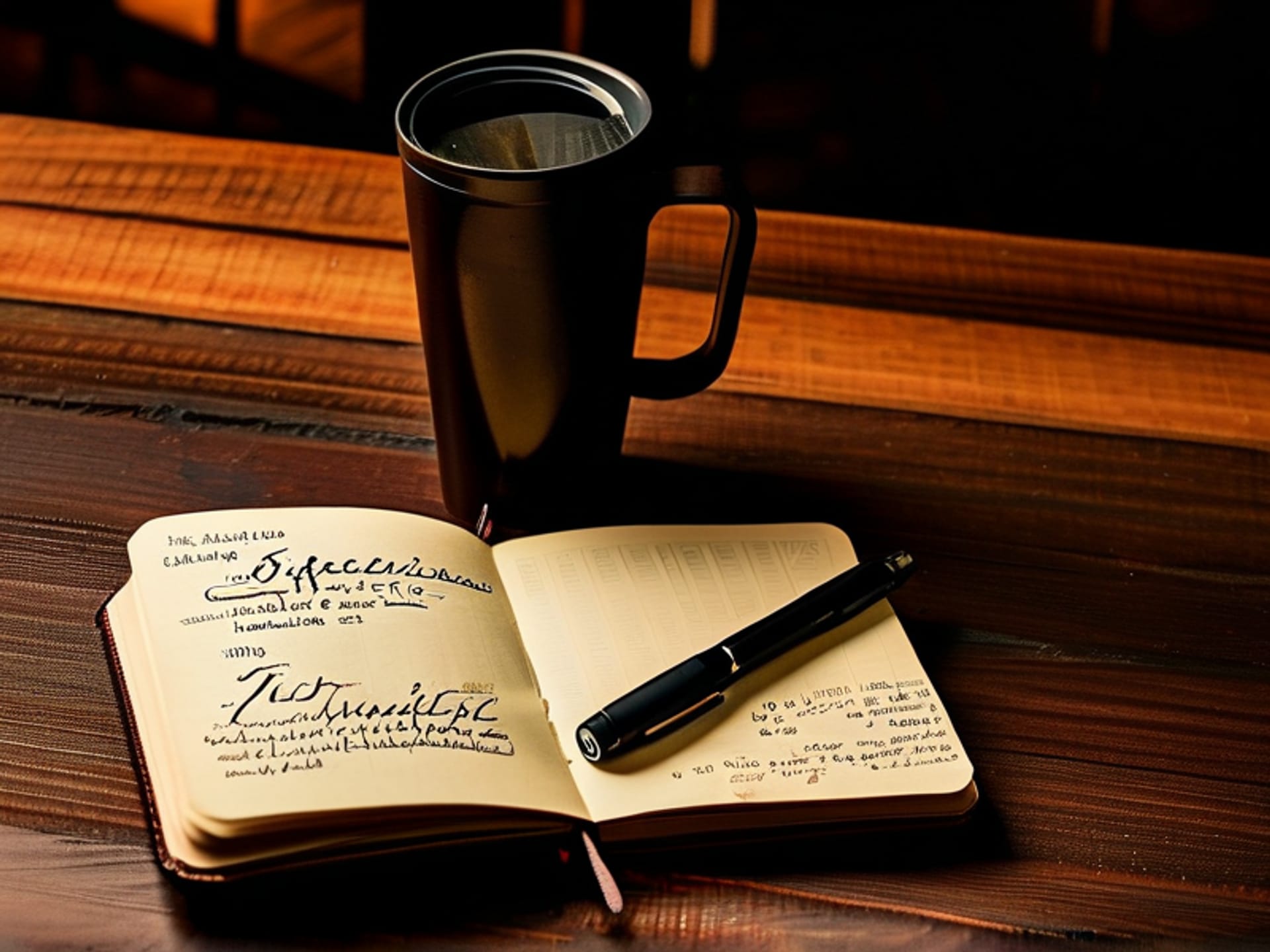 A textured, flat-lay photo of a hand-written notebook in Spanish. The page is filled with elegant handwriting defining terms like 'Beneficiarios Directos', 'Sostenibilidad', and 'Enfoque de Género'. Coffee cup and pen nearby. Warm, natural light.