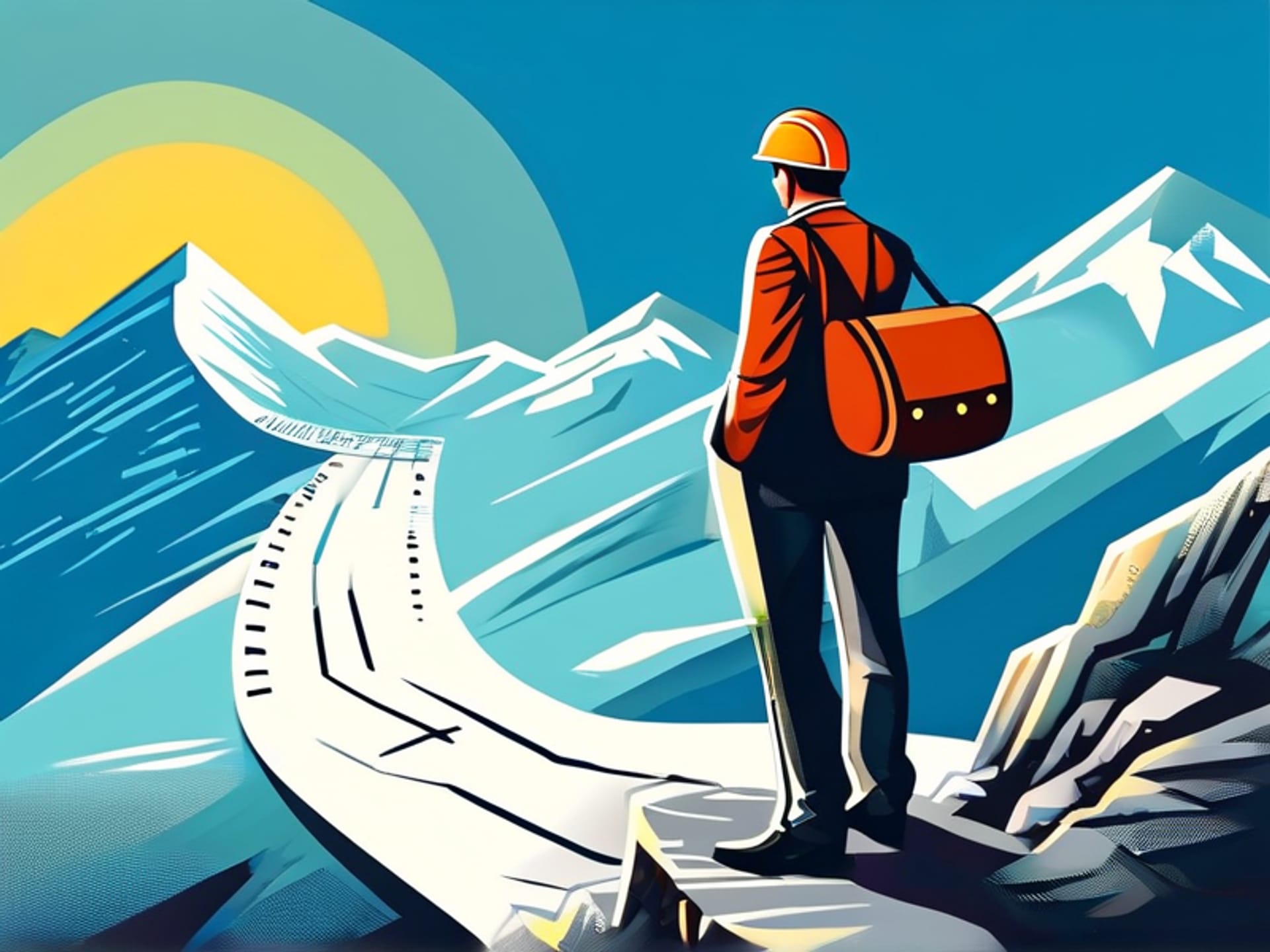 Visual metaphor: A rugged-looking professional guide (the coach) stands on a mountain pass, pointing the way to a well-dressed businesswoman (the learner). The path is labeled with terms like 